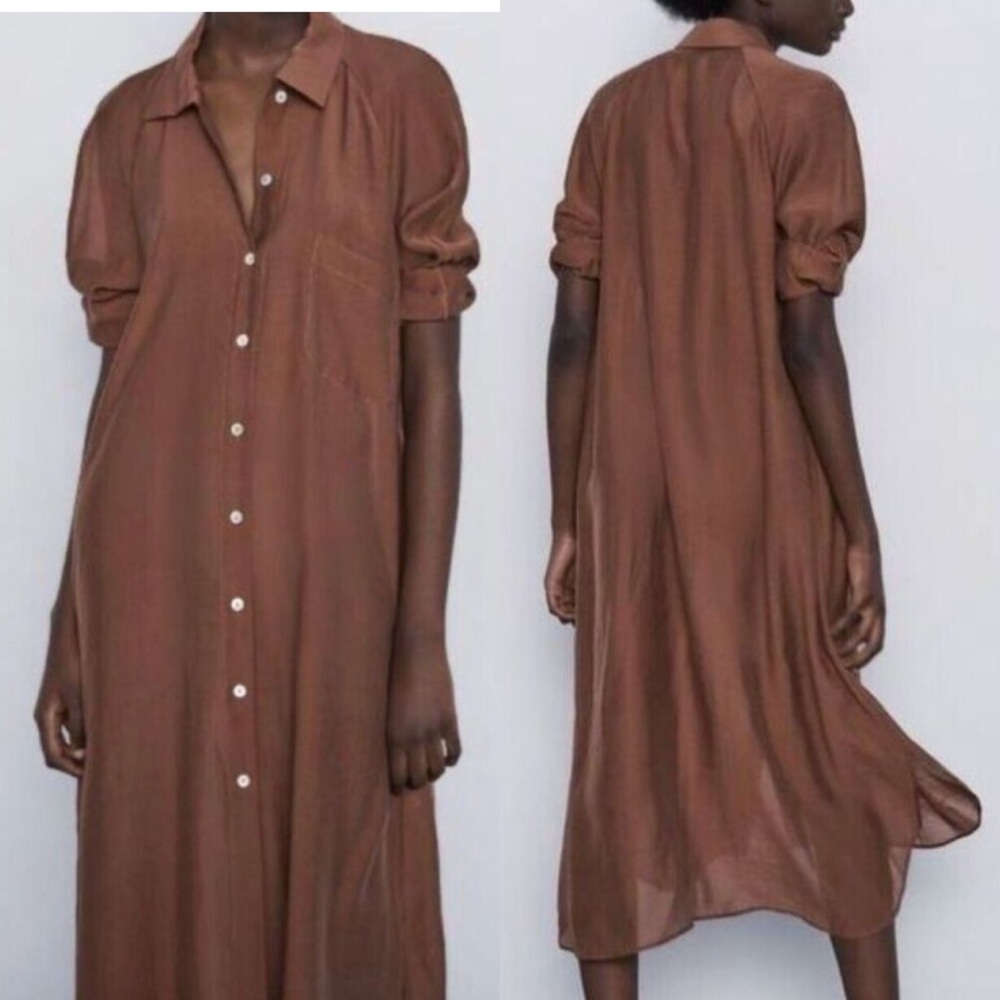 Zara Brown Long Sleeve Button Down Shirt Dress size XS